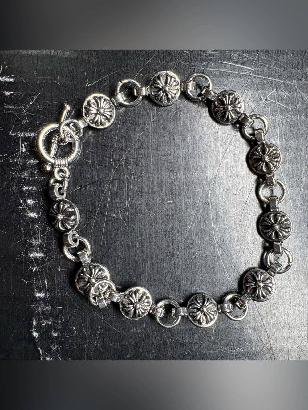 Sterling Silver Floral Link Bracelet - Silver Chrome Bracelet Style